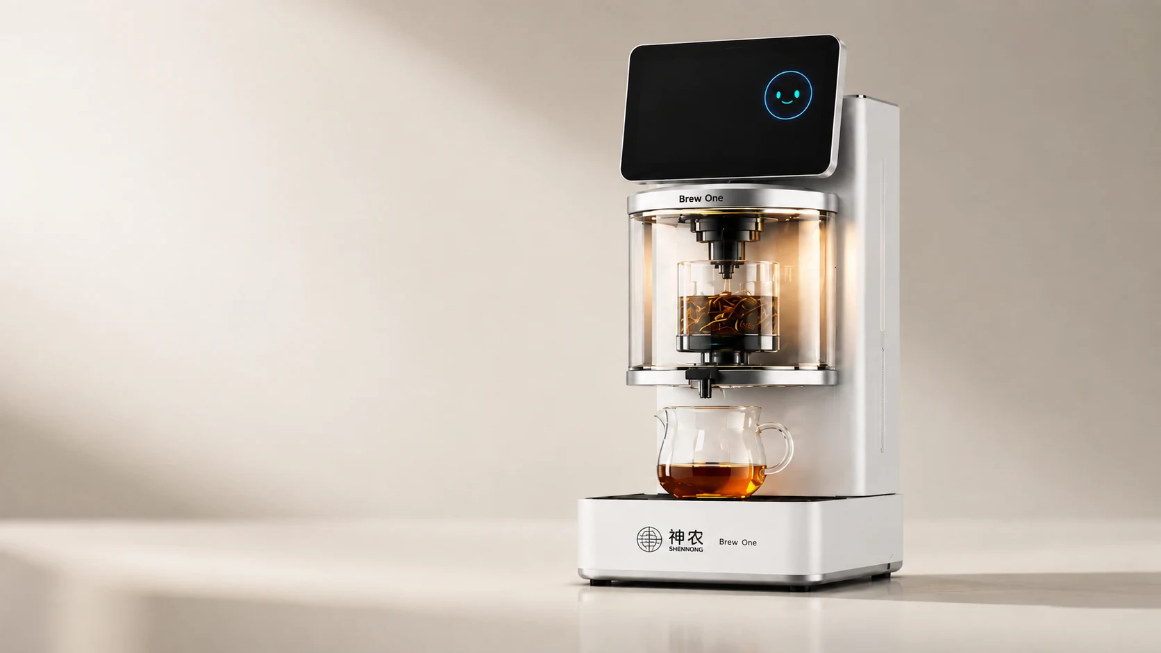 神农 Brew One 银色泡茶终端，透明茶舱下放置盛有琥珀色茶汤的公道杯